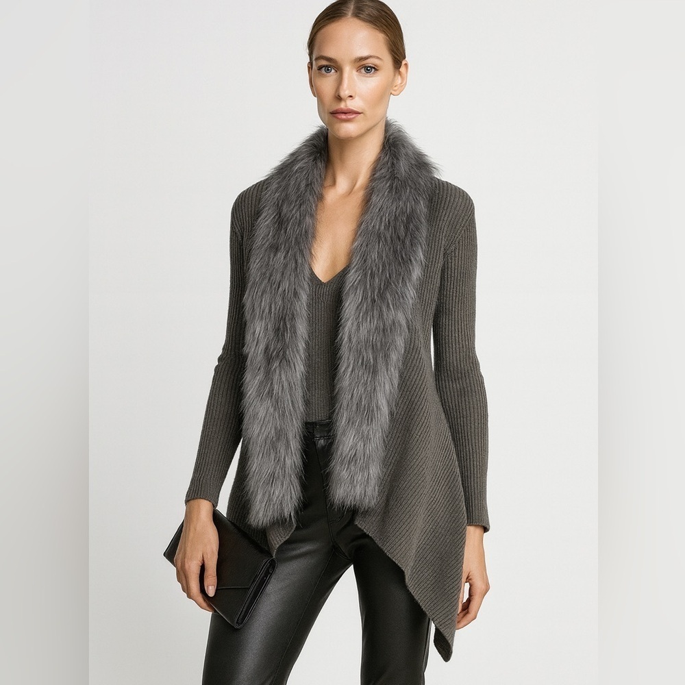 348 Tyler Boe Wool blend Faux Fur Luxury Cardigan waterfall sweater Sz XS Jacket
